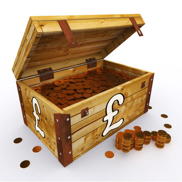 Pound Chest Of Coins Shows British Prosperity And Economy