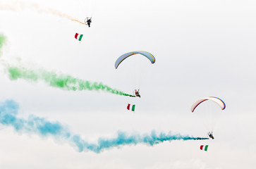 Paramotors demonstration with colored smoke