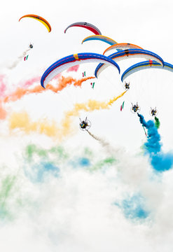 Paramotors demonstration with colored smoke