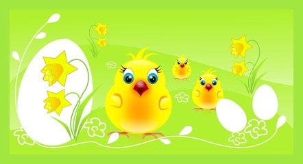 Three chickens on easter background