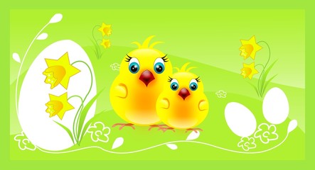 Two chickens on easter background