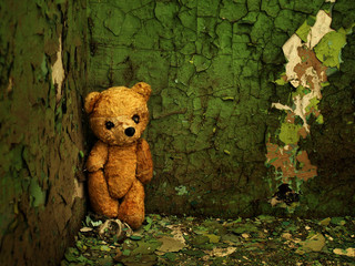 old, forgotten teddy bear in an abandoned house - obrazy, fototapety, plakaty