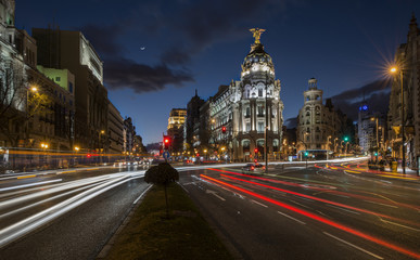Night lights of Madrid in the "gran via" street