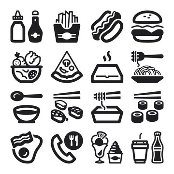 Fast food and junk food flat icons. Black