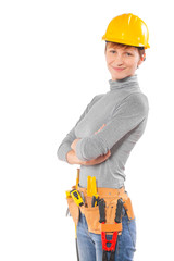 female worker wearing working clothes with tools isolated on whi