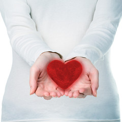 Woman hands with red heart. Family and relationships concept