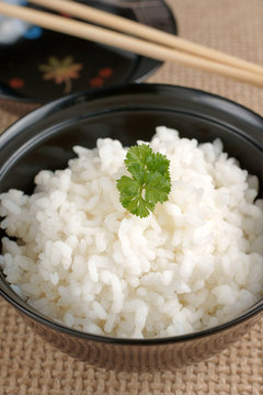 Japanese style sticky rice in a lacquer bowl