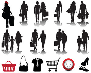 Black silhouettes of people at shopping, vector