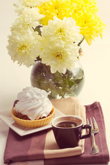 Coffee and cake with whipped cream