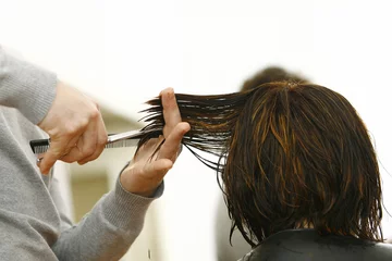 Foto op Plexiglas Kapsalon Professional hairdresser with long hair model