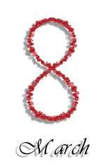 Women's day on March 8th made of hearts on a white background.