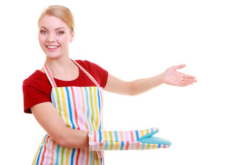 housewife waitress making inviting welcome gesture isolated