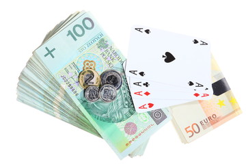 Fototapeta na wymiar Gambling concept. Playing cards aces and money