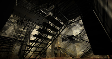 Obraz premium Station. Modern industrial interior, stairs, clean space in indu