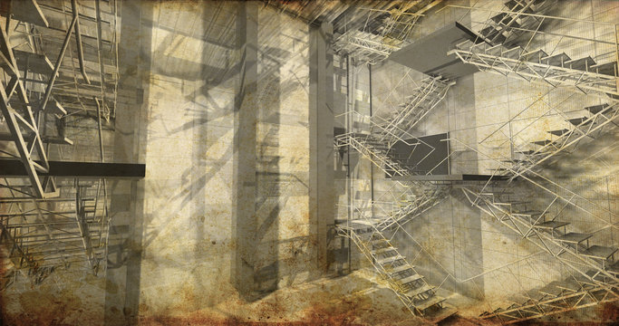 perspective. Modern industrial interior, stairs, clean space in