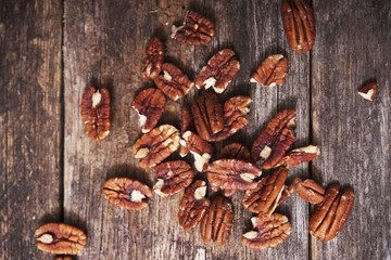 Raw Pecans on Aged Wood