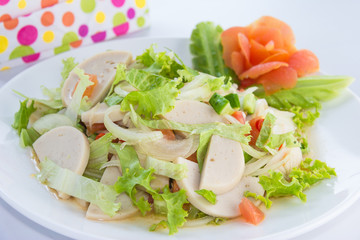 pork sausage spicy salad on white plate,Thai food