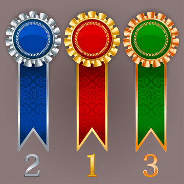 Vector champion medals. Set of gold, silver and bronze badges wi