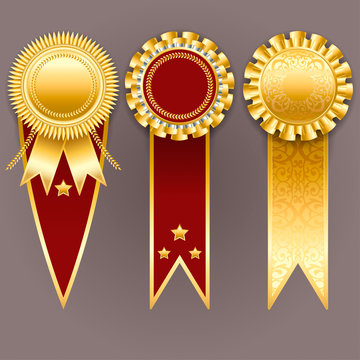 Vector champion medals. Set of gold and red badges with ribbons.