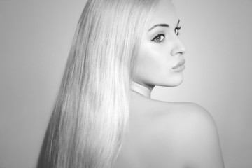 Beautiful Woman with Magnificent Hair.Sexy Blond Girl.Monochrome