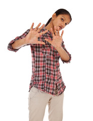 Attractive indian woman with repelling gesture