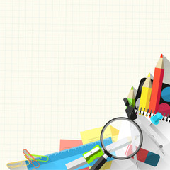 Flat school background with school supplies and place for text