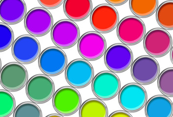 Paint cans color palette, cans opened top view isolated on white