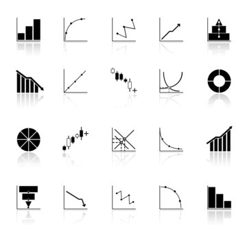 Diagram and graph icons with reflect on white background