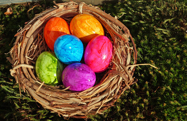 Bunte Eier im Osternest