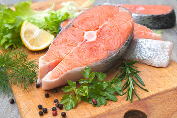 Raw salmon fish steaks
