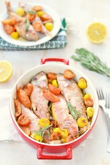 baked surmullet with cherry tomatoes,garlic and rosemary