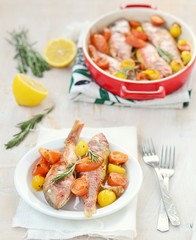 baked surmullet with cherry tomatoes,garlic and rosemary