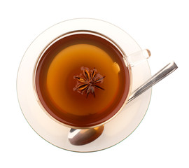 Top view of tea in glass cup with anise