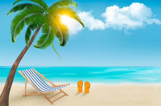 Seaside background with a beach chair and flip-flops. Vector ill
