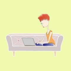 girl working with laptop on couch at home