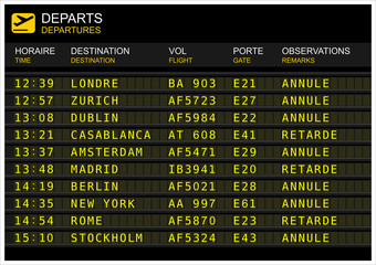 Tableau des départs de vol dans un aéroport