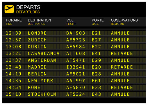 Tableau des départs de vol dans un aéroport