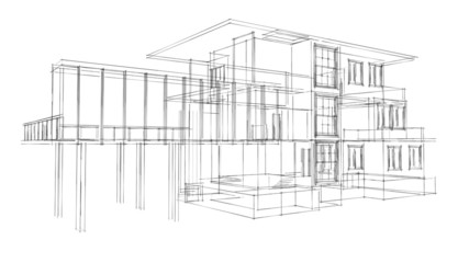 Modern architecture wireframe. Wireframe building illustration of architecture CAD drawing.