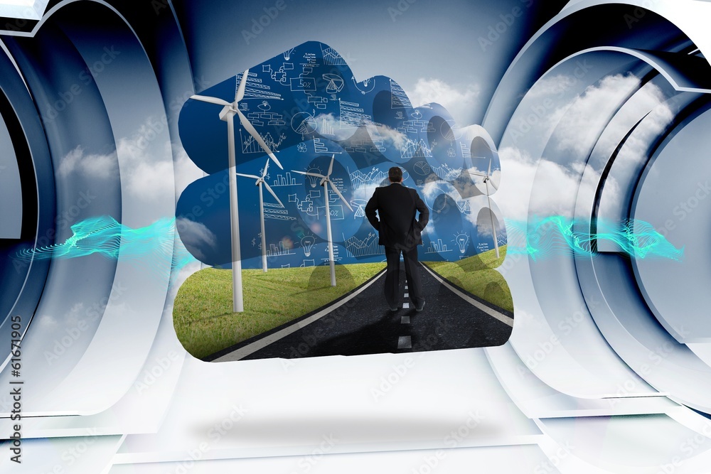 Poster composite image of businessman on road on abstract screen