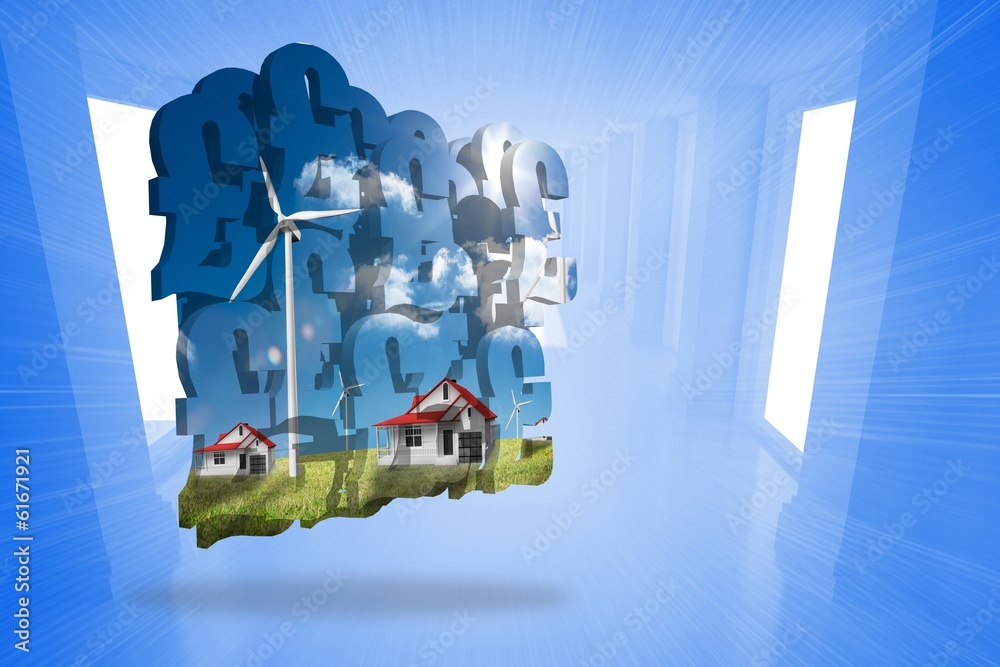 Poster composite image of houses with wind turbines on abstract screen
