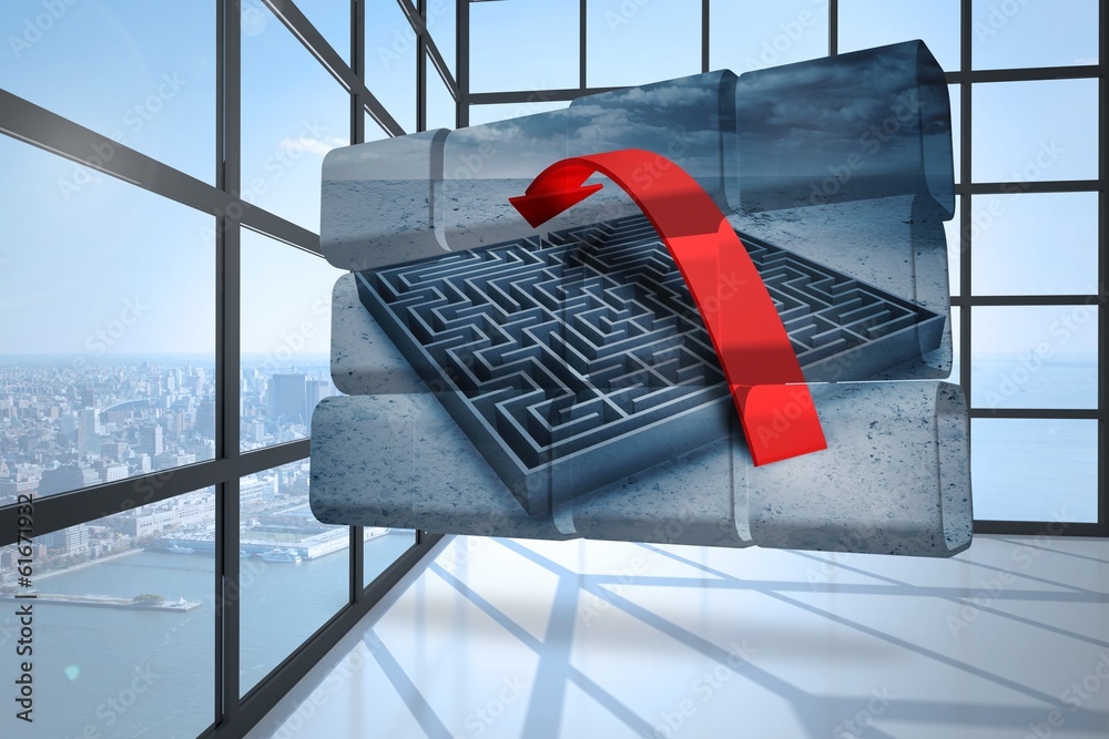 Poster Composite image of arrow over maze on abstract screen