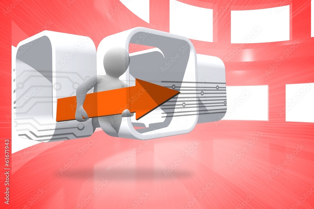 Poster Composite image of figure with orange arrow on abstract screen