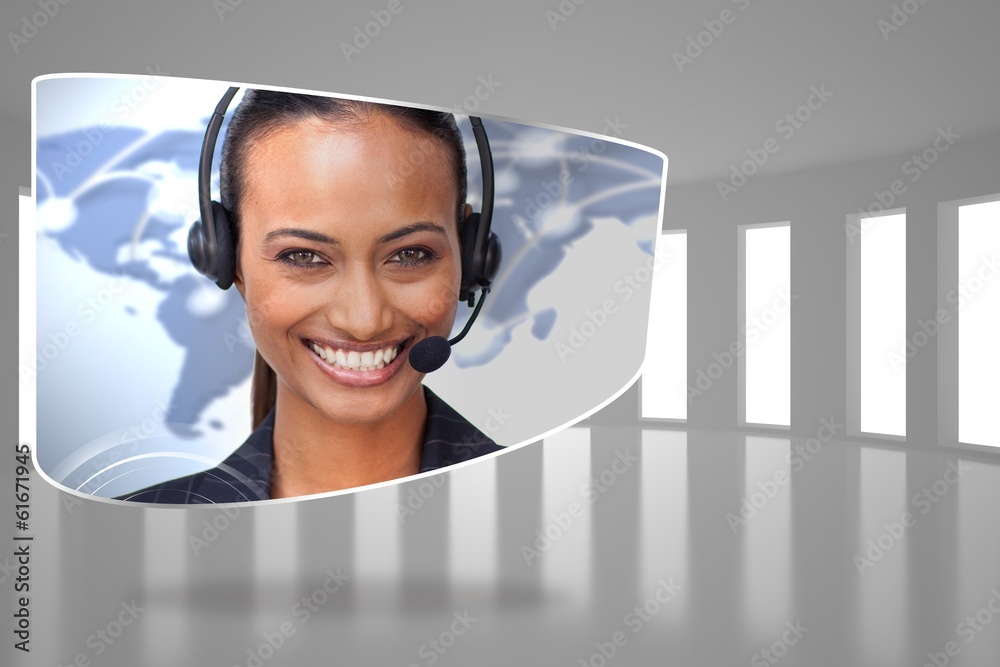 Poster Composite image of call centre agent on abstract screen
