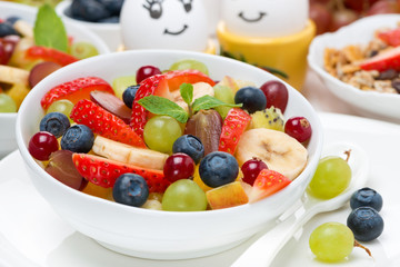 bowl of fresh fruit salad and painted eggs for breakfast