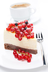 piece of cheesecake with red and black currants