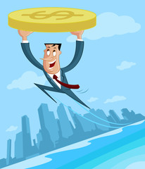 Businessman flying with dollar