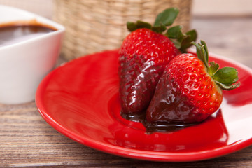 Fresh strawberries with hot chocolate