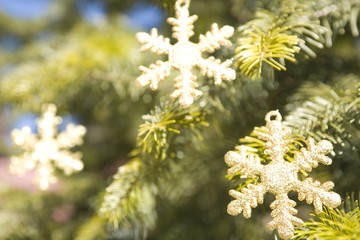 Christmas tree and ornaments outdoors