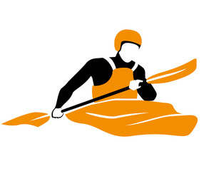 icon of kayaker rawing in orange boat - obrazy, fototapety, plakaty