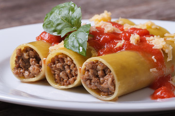 cannelloni pasta with minced meat and tomato sauce